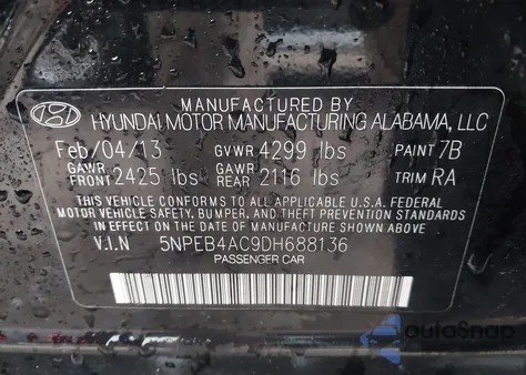 2013 Hyundai Sonata Gls z USA, uszkodzony, nr VIN 5NPEB4AC9DH688136